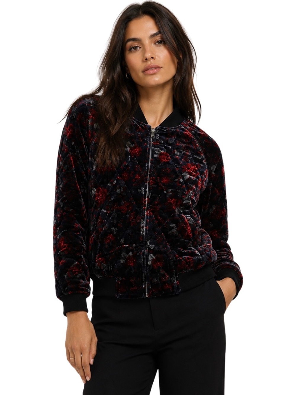 Joie Mace Floral Velvet Quilted Bomber Jacket